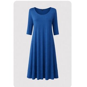 Eileen Fisher Royal Blue Rayon Lycra 3/4 Sleeve Tiered Seam Midi Dress Large